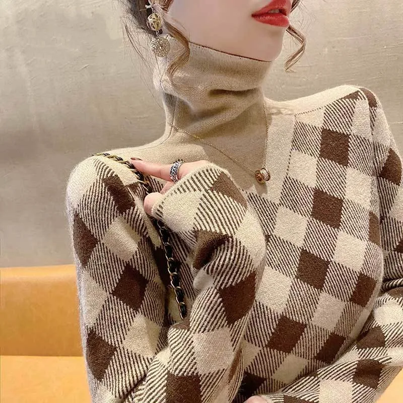 Women\'s High Neck Striped Knitted Tops New Autumn and Winter Fashion All-match Printing Plaid Long Sleeve Pullover Slim Sweater