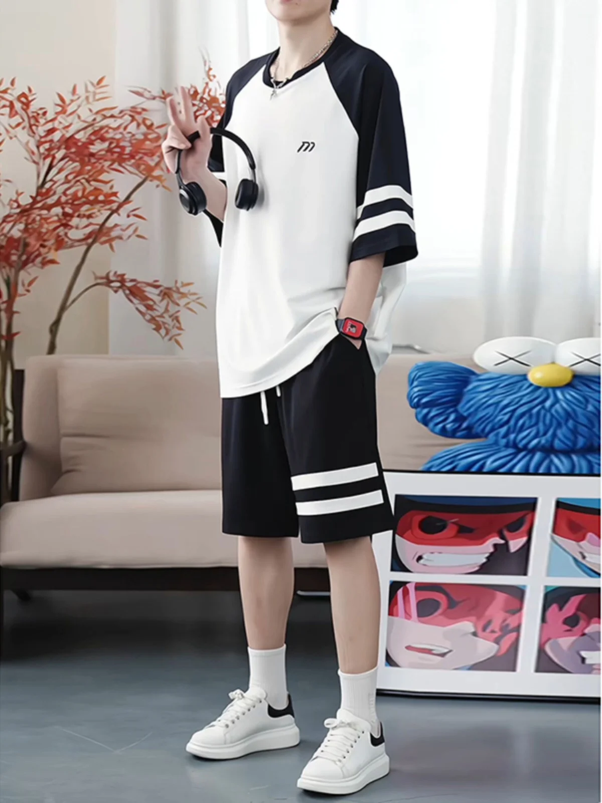 qui-dry-sportswear-set-for-men-summer-casual-striped-ort-sve-t-irt-and-orts-polyester-fiber-teenage-autumn-faion