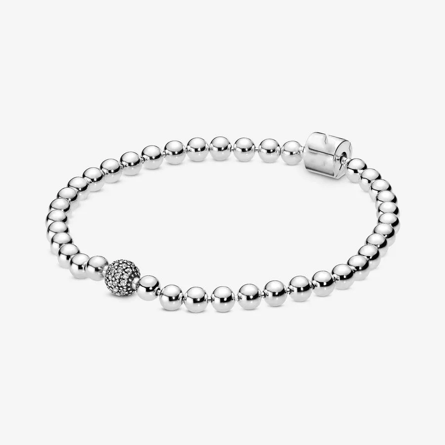 

New 925 Silver Beads & Pave Bracelet For Women Fashion Basic Snake Chain Style Luxury Brand DIY Jewelry