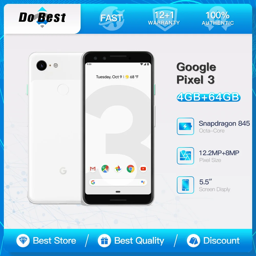 هاتف Google Pixel 3 4G LTE المحمول بشاشة 5.5 بوصة P-OLED HDR وذاكرة وصول عشوائي 4 جيجابايت وذاكرة قراءة فقط 64/128 جيجابايت NFC Snapdragon 845 ثماني النواة يعمل بنظام أندرويد الذكي #1