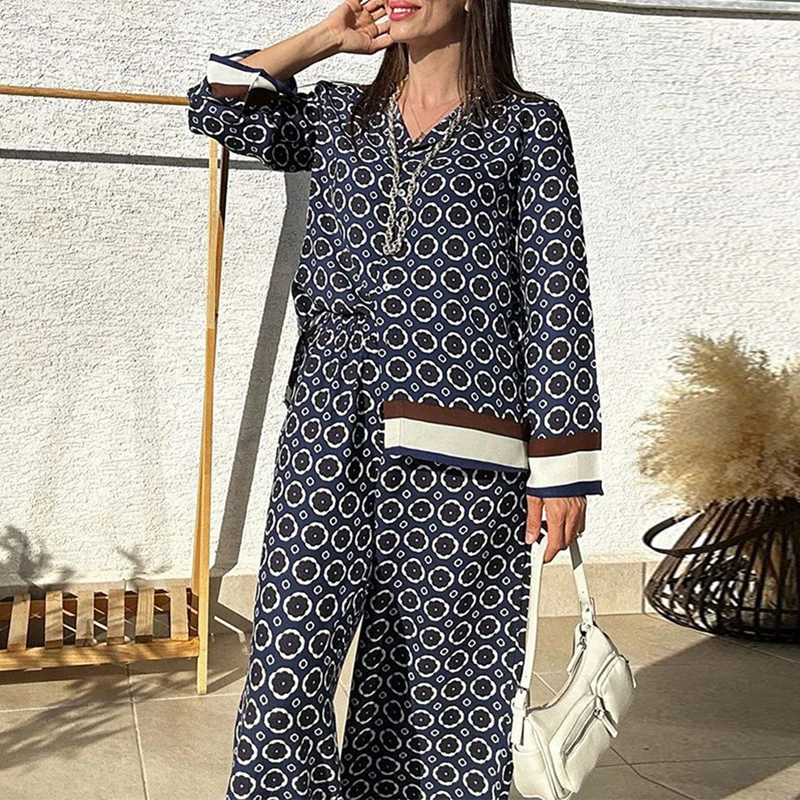 Retro Pattern Print Loose Harajuku Suit Women Spring Single Brasted Lapel Shirt+Wide Leg Pants Outfit Fall Long Sleeve 2pcs Sets