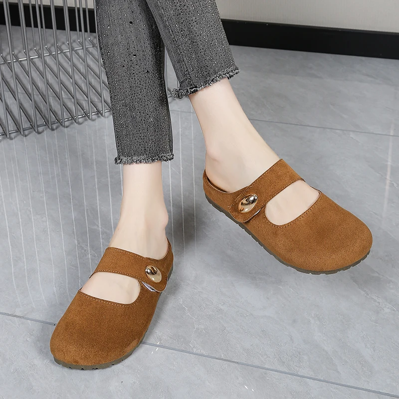 Free Shipping Women's Suede Mary Jane Mules,Casual Backless Flat Clogs,Comfortable Slip-on Slippers,Retro Minimalist Daily Shoes view 6