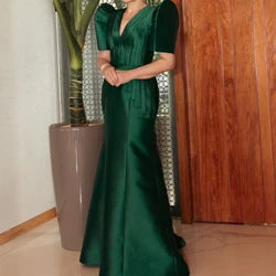 Straight V Neck Satin Short Sleeves Elegant Party Dresses Woman Floor Length Pleats Sweep Train Solid Green Quinceanera Gowns