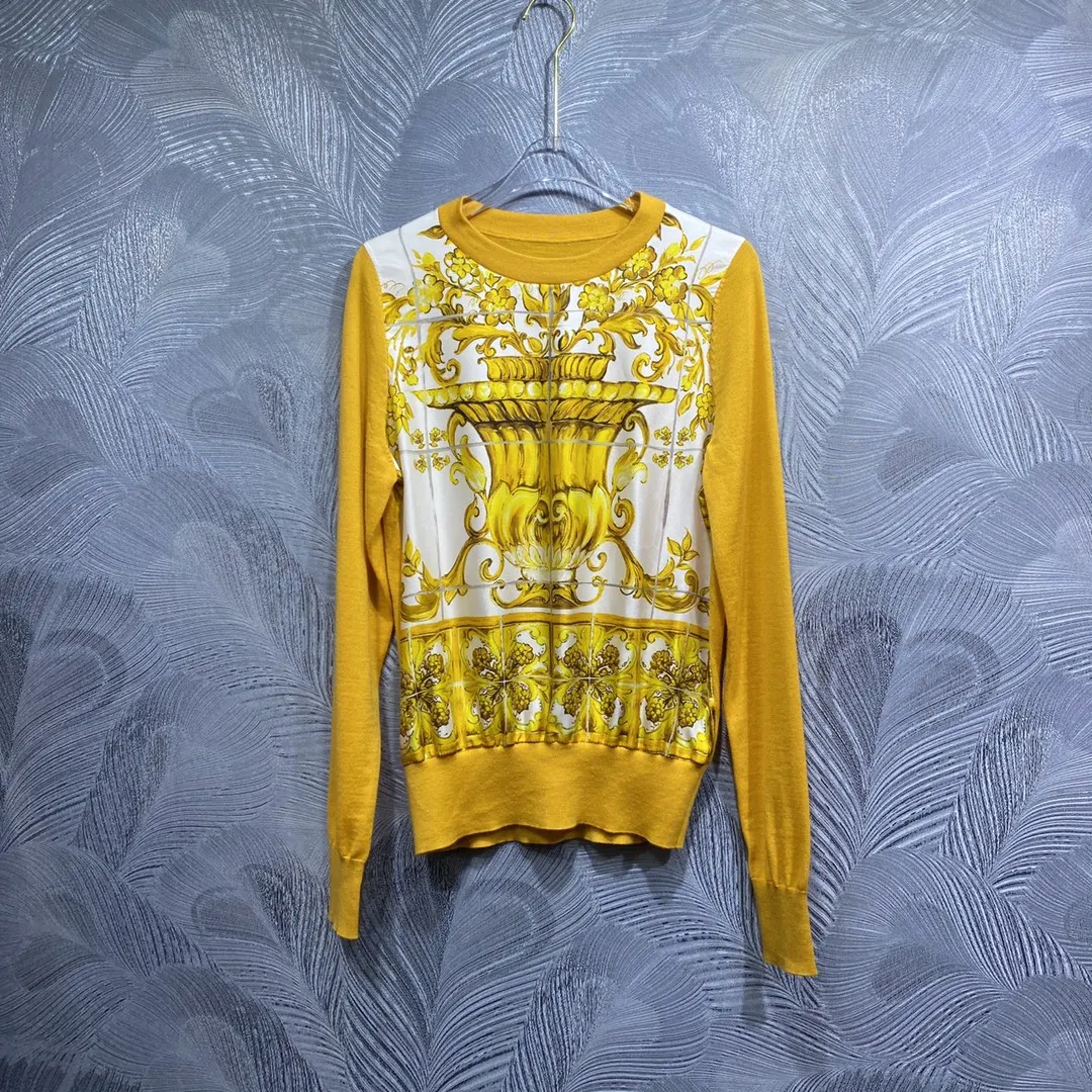 

SEQINYY Yellow Pullover Top Spring Autumn New Fashion Design Women Runway Vintage Flower Print Silk Spliced Wool Knitting