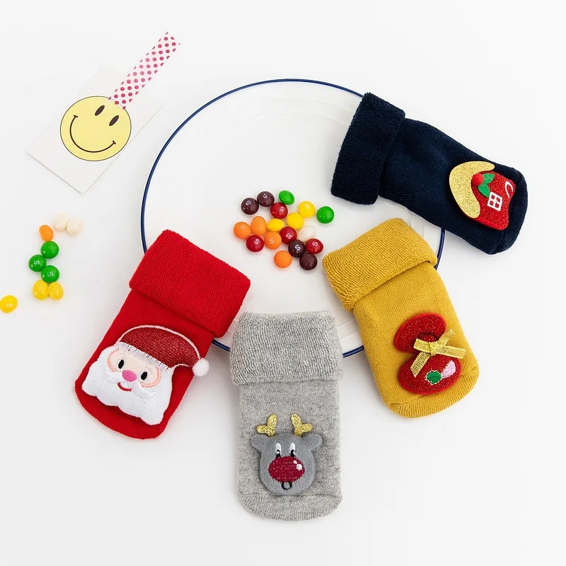 Children Christmas Floor socks Winter Terry Thicken Thermal Baby Long Anti-slip Socks Newborn Cute Cartoon Stocking 0-3 Years