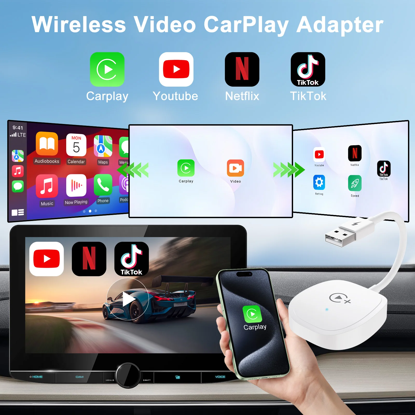 Wireless Video CarPlay Adapter With Netflix/YouTube/Tiktok, For OEM Wired CarPlay Cars