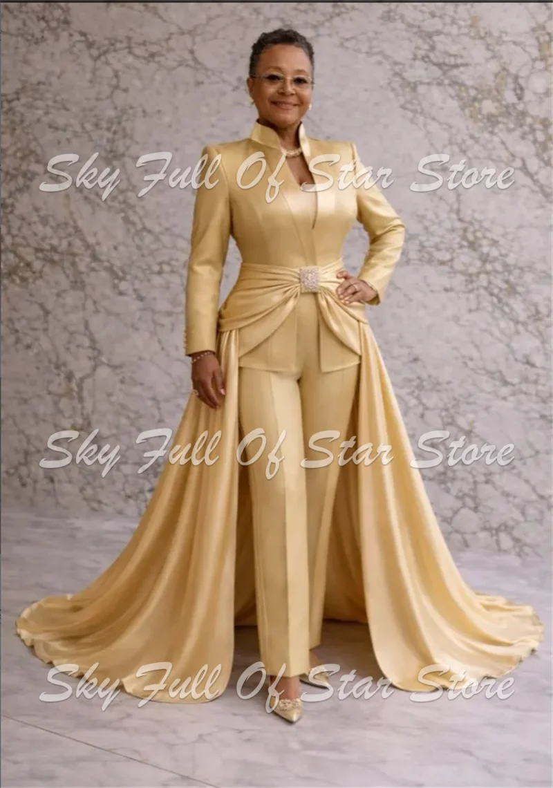 Gold Satin Women Suit Set 2 Pcs Stand Collar Blazer Pants Detachable Train Skirt Custom Formal Wedding Evening Party Lady Outfit