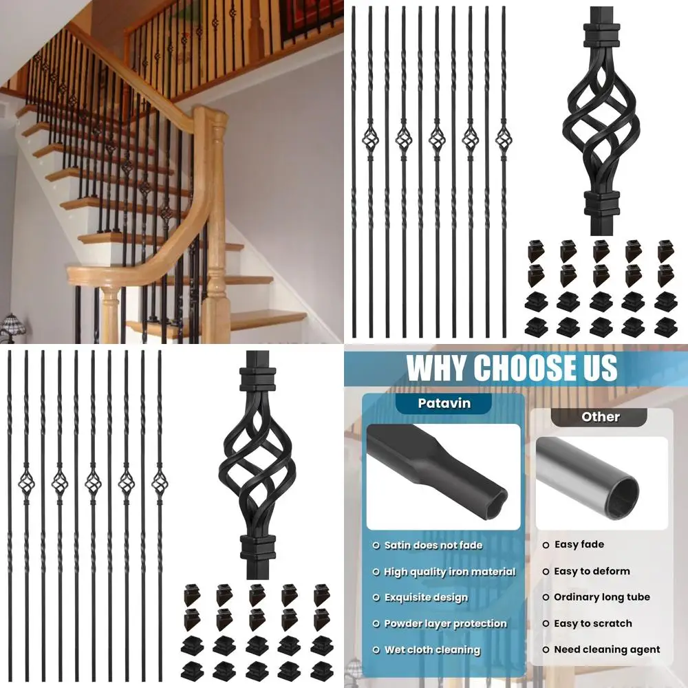 

Набор из 10 железных балясин для лестниц - полые металлические шпиндели 1/2 квадратного сечения с одинарным и двойным дизайном корзинки, включая 10 опорных накладок
