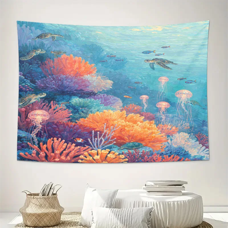 Large Tropical Ocean Coral Reef Tapestry Wall Art Jellyfish Marine Life Decor Canvas Hanging Print Nautical Nursery Bedroom Gift