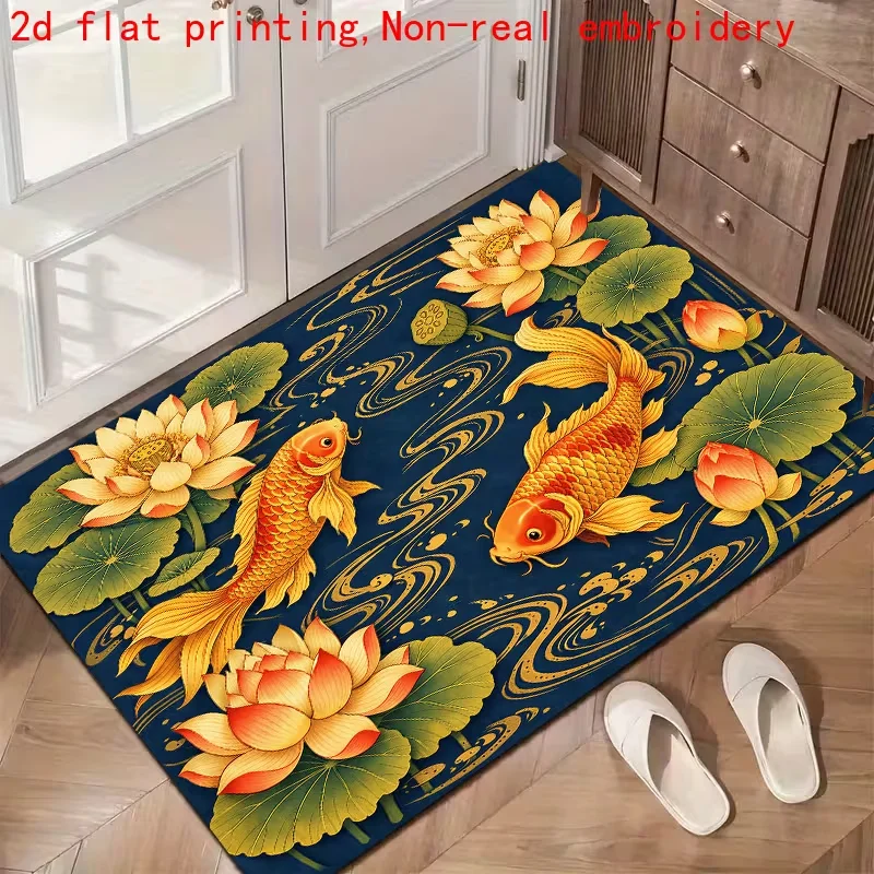 2D Koi Fish Pond Water‑Scenery Printed Doormat Rock Lotus Lucky Carp Landscape Decorative Welcome Entrance Floor Rug Mat