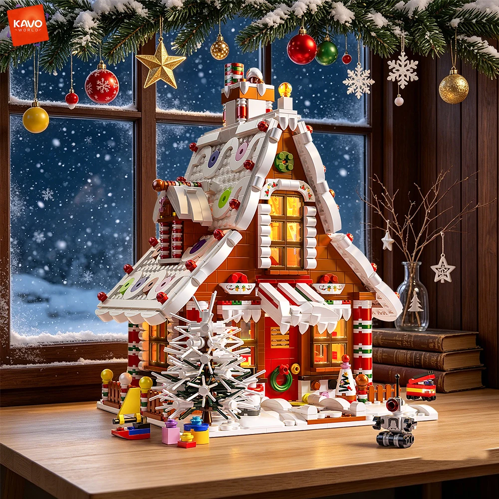 KAVOWORLD 1614PCS Winter Snow Gingerbread House Building Blocks Christmas Village House Brick Model DIY Construction Toy for Boy