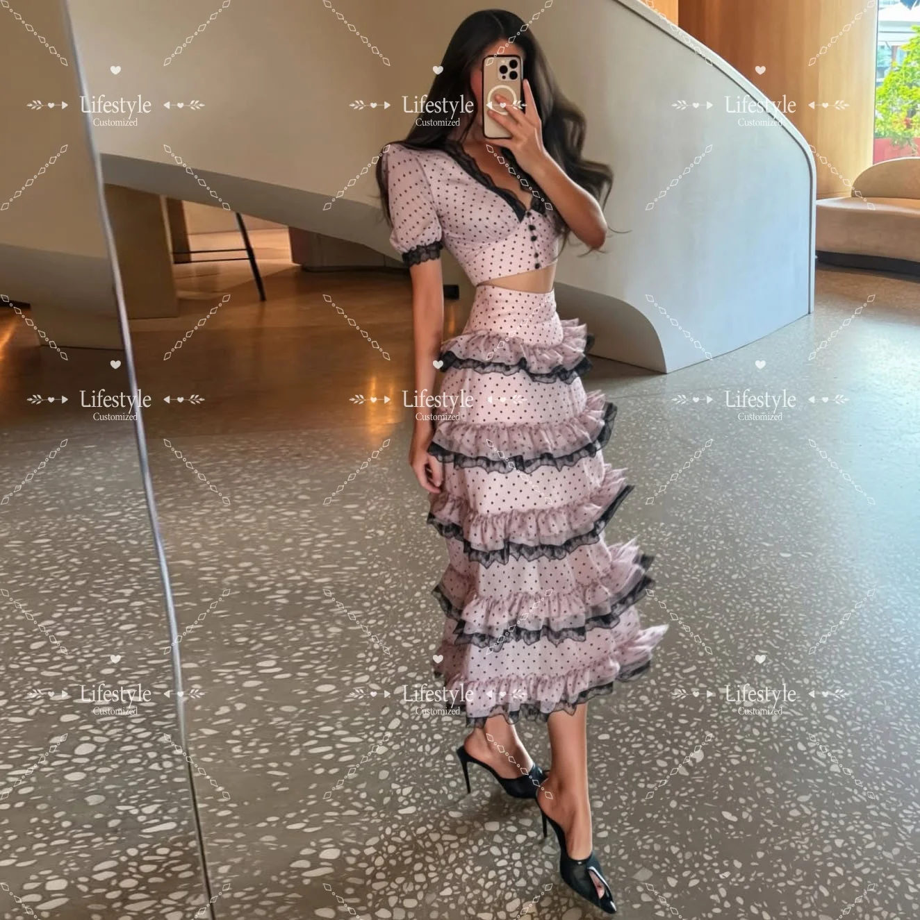 

Customized Formal Evening Dress V-Neck Pink Polka Dot Two Piece Prom Set Lace Trimmed Tiered Ruffle Midi Elegant Party Dress
