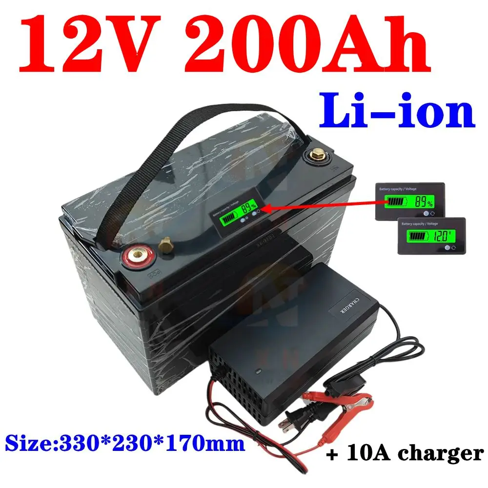 12v 200ah agli ioni di litio Ricaricabile bateria li ion BMS 3s per UPS Altoparlante luce CAMPER Barca solare + 10A Caricatore