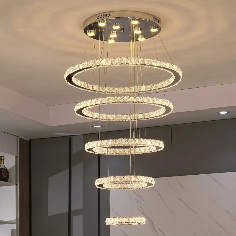 Round Pendant Creative Light Emitting Diode Ring Chandelier Hotel Lobby High Ceiling Family Restaurant