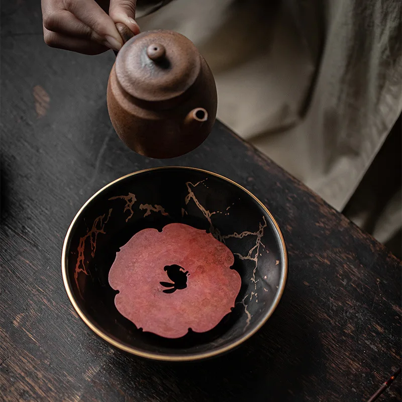Ceramic pot bearing, gold-plated antique tea table, copper accessories, teapot tray, tea ceremony accessories