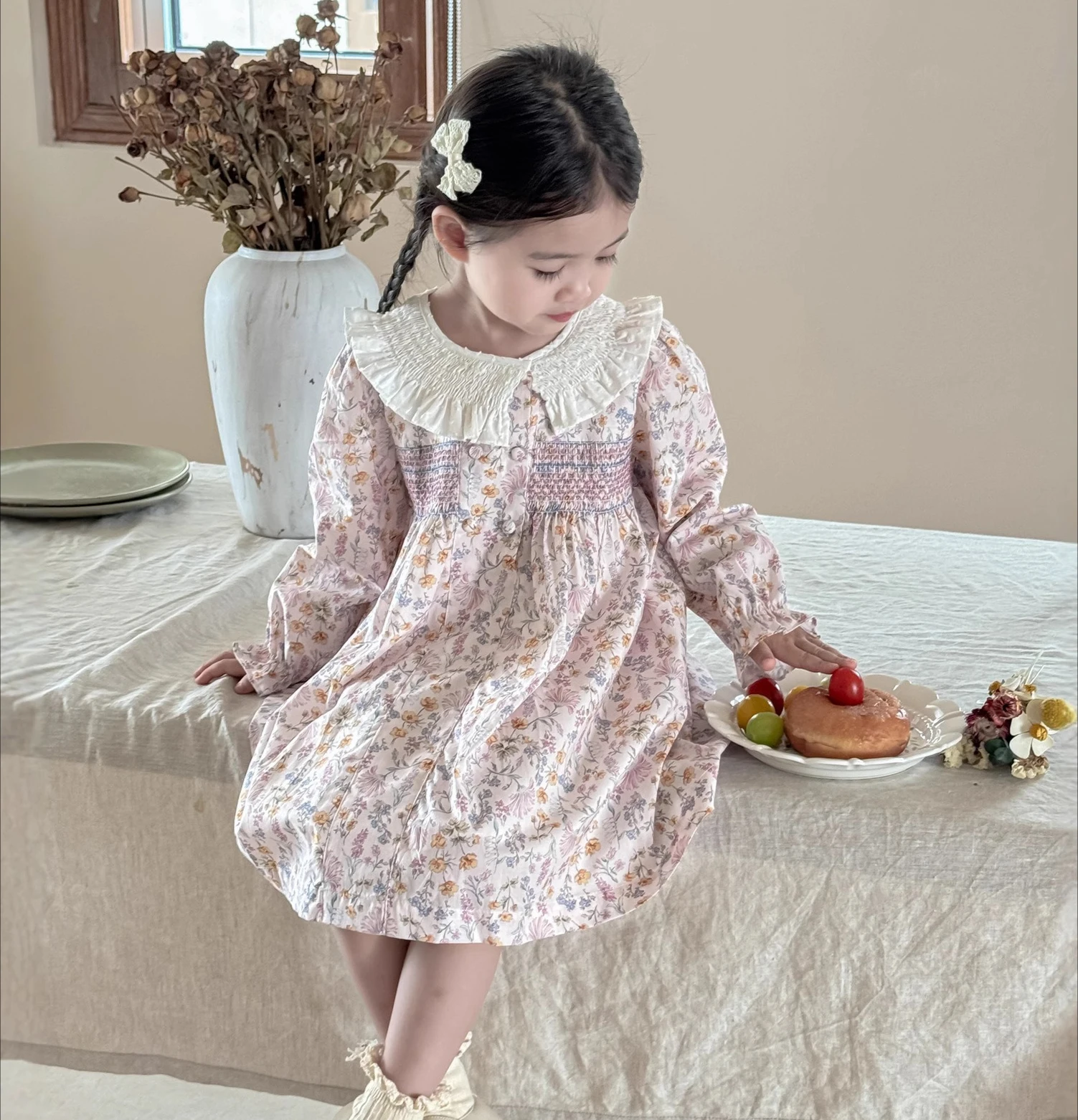 Spring Autumn New Girls Pulling Dress Pink Elegant Flower Printed Girls Dress Lotus Leaf Collar Dress