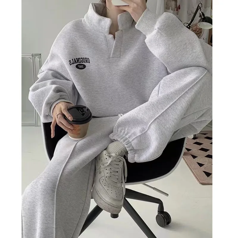 y2k Autumn Winter New Set Female  Fashion Loose Casual Running Grey standing collar Women's Tracksuit Two-piece Set