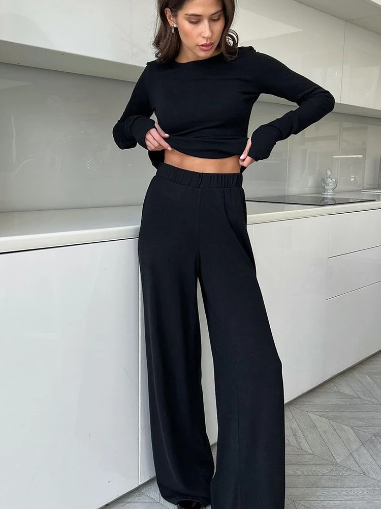 Hiloc Black Pajamas For Women 2 Piece Sets Knitted O Neck Long Sleeve Sleepwear Female Trouser Suits Autumn Casual Homewear