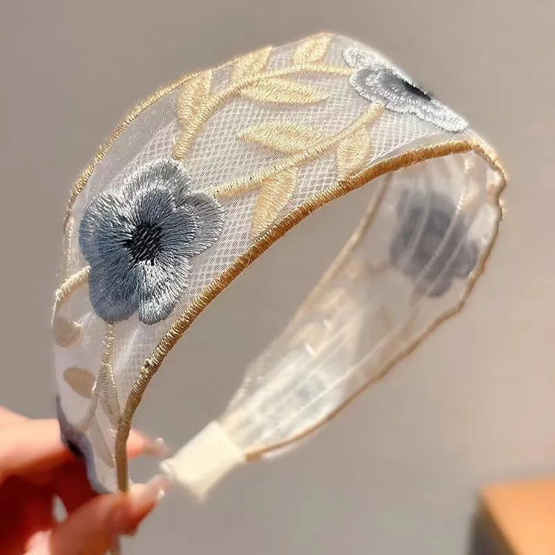 1/3pcs Elegant Chiffon Embroidery Flower Hairband – Sweet Floral Headband Turban Hoop for Women Fashion Hair Accessories image 4