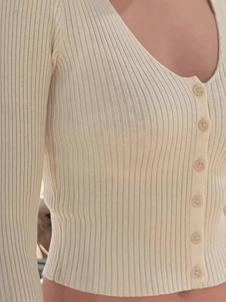 Sweet Beige Ribbed Slim Sweater Sexy V Neck Cotton Autumn Long Sleeve Sweater Cardigan Women Vintage Cute Button Knit Crop Top