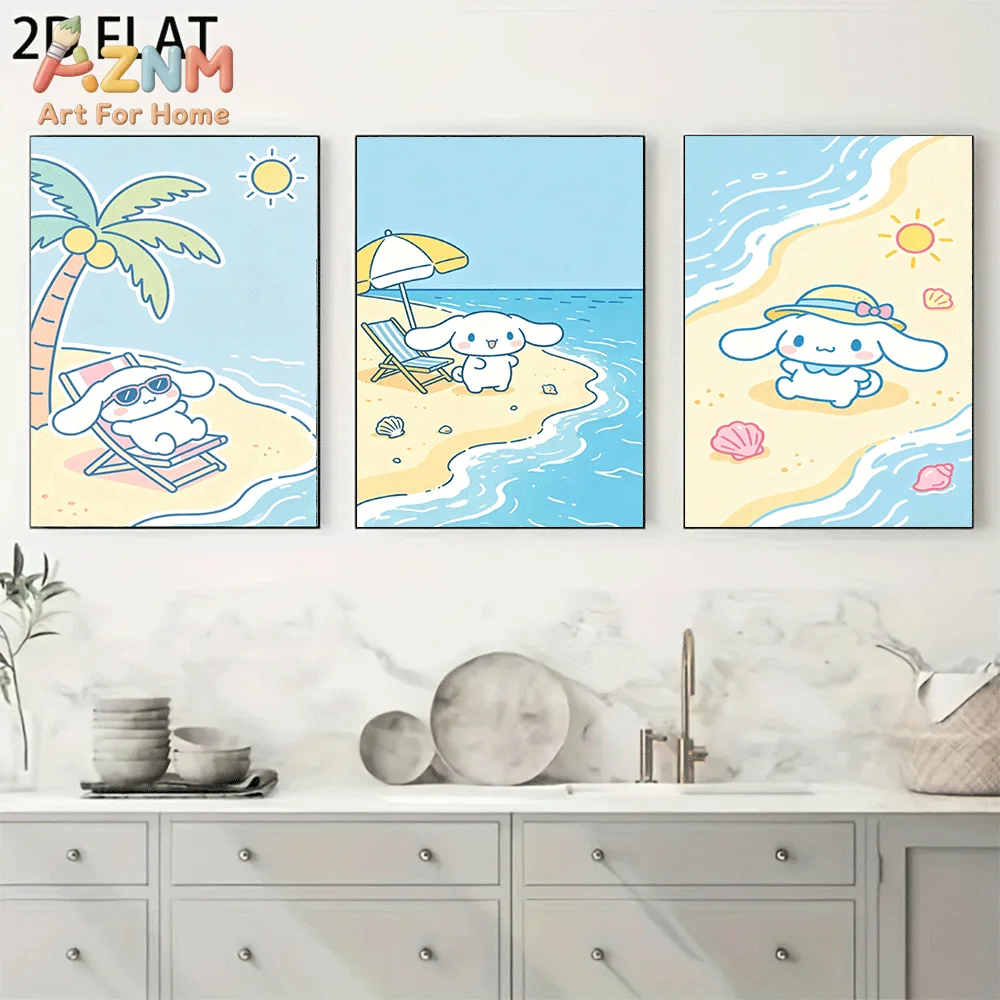 AZNM Cinnamoroll Canvas Wall Art Unframed Cute Cartoon Print Poster Summer Beach Palm Tree Sun Beach Chair Umbrella Seashell Sea
