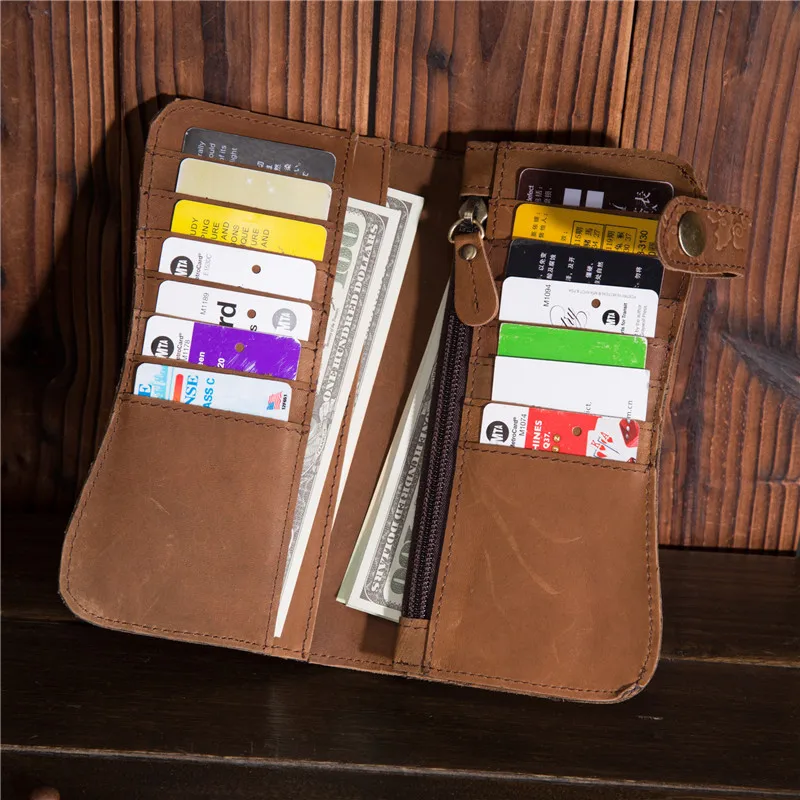 B161 Anti Theft Iron Chain Oil Wax Leather Wallet, Retro Dragon Pattern Top Layer Cowhide Long Card Bag