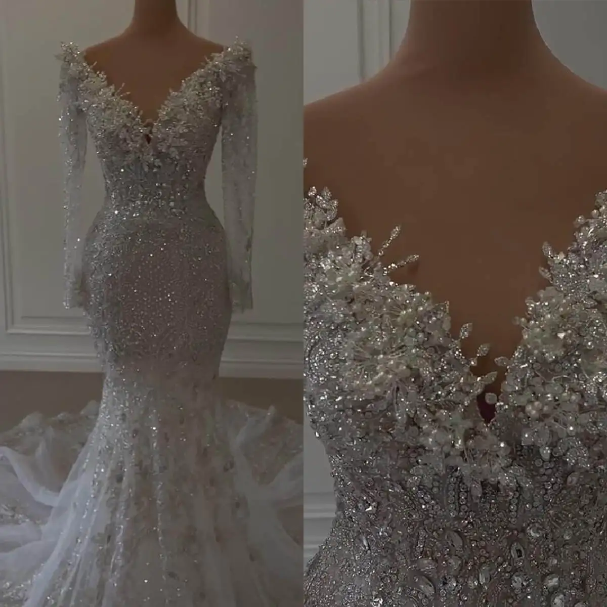 Luxury Mermaid Wedding Dresses Beads Pearls Appliques Lace V-Neck Sleeves Bridal Court Gown Zipper Robe De Mariée Customized