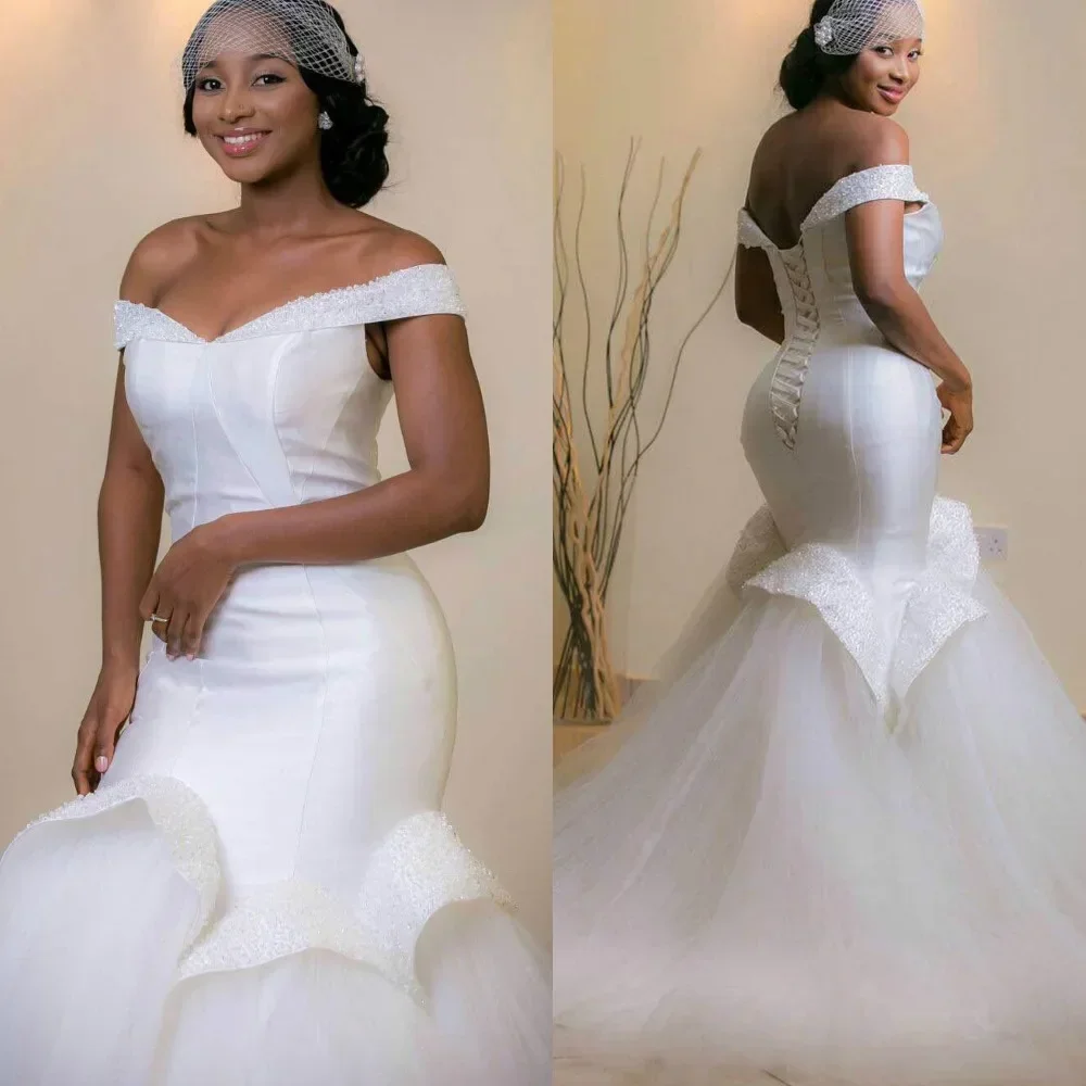 

Customized Elegant Off Shoulder Mermaid Sweep Train Wedding Dresses Custom Made Bridal Bride Gown