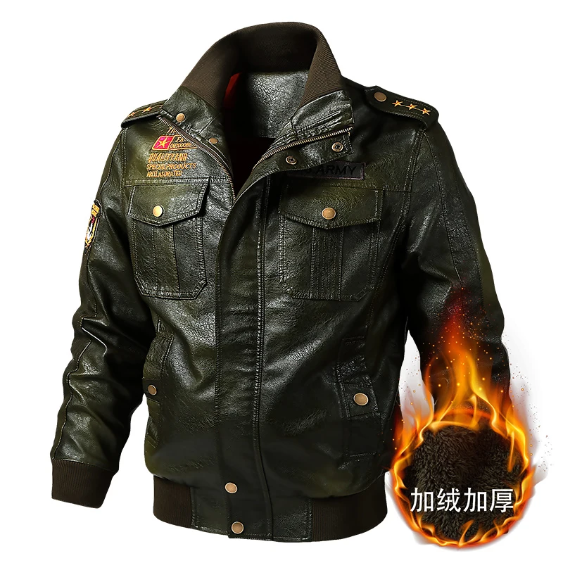Men Classic Winter PU Leather Jacket Fleece Thicken Motorcycle Biker Outwear Windproof Wear-resistant Anti-wrinkle Overcoat