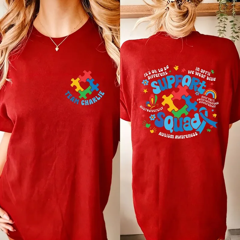 パーソナライズされた自閉症啓発シャツ、家族自閉症サポートチーム、自閉症ママシャツ、神経多様性シャツ、インクルージョンTシャツトップス