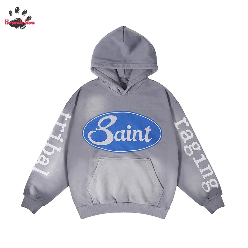 

Grey Saint Hoodies Men Woman 2024 Vintage Washed High Street Oversized Hooded Pullovers Plush Sweatshirts Top Quality