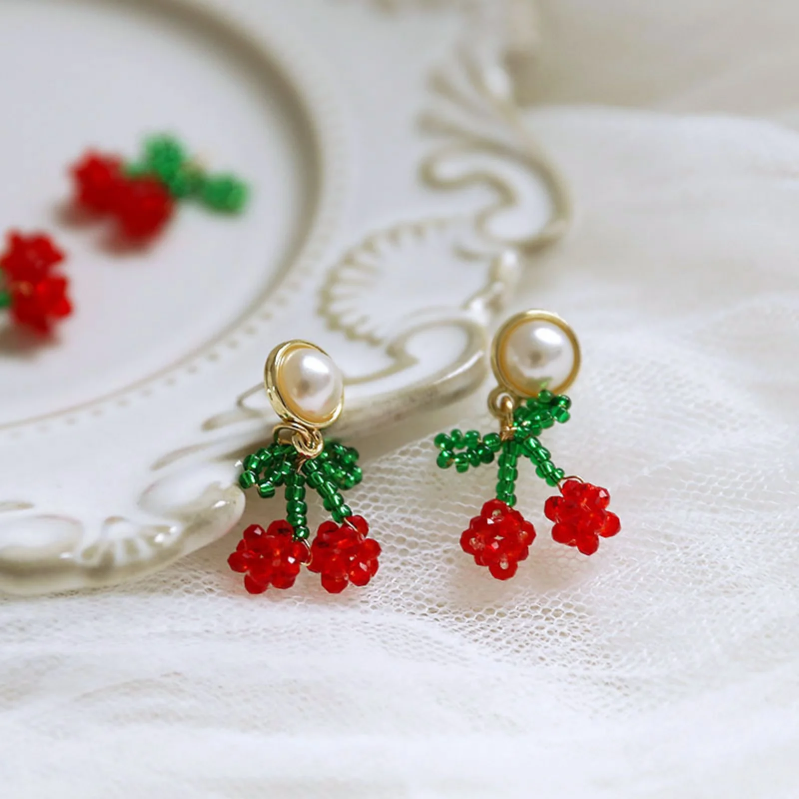 Fashion Glass Crochet Knitted Cherry Earrings Charms Red Green Alloy Weaving Fruit Pendant Jewelry DIY Findings 16mm x 15mm,2PCs