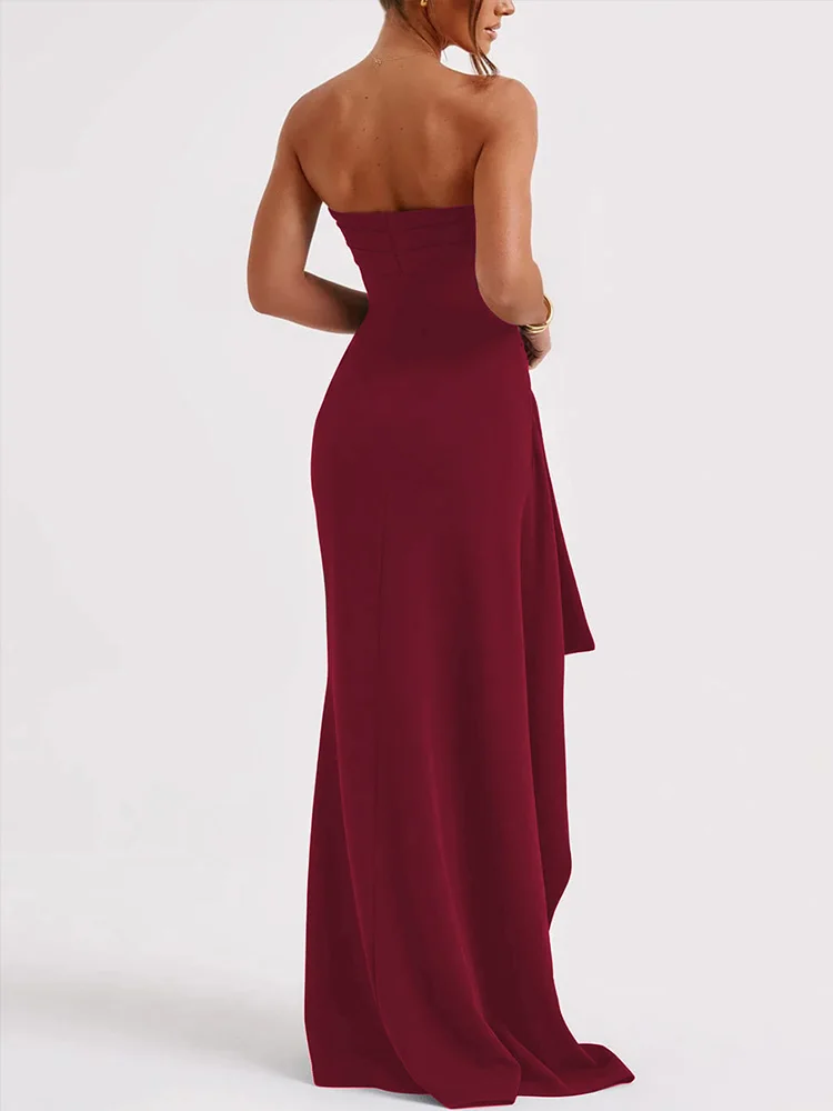 เดรสยาวเปิดไหล่ ไร้สาย ผ่าสูง สำหรับงานปาร์ตี้ ผู้หญิง แขนกุด ทรงเข้ารูป ชุดราตรี ชุดออกงานกลางคืน สไตล์หรูหรา