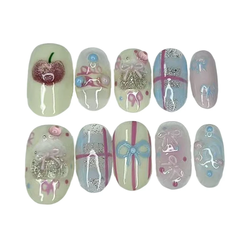 10개입 꿈꾸는 듯한 달콤하고 귀여운 핸드메이드 프레스온 네일 체리 보우 스월즈 가짜 네일 탈부착 가능