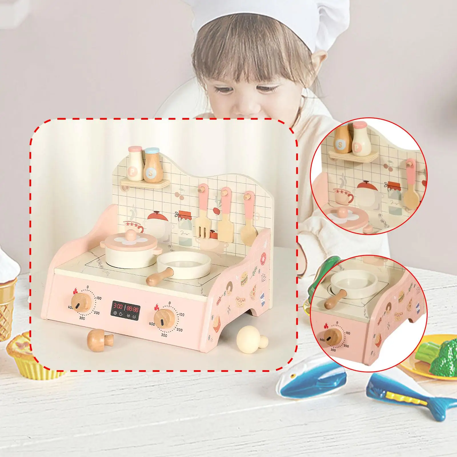 

Kitchen Playset Toy Educational Learning Skill Toy Cookware Stovetop Wooden Play Kitchen Set for Game Indoor Outdoor Restaurant
