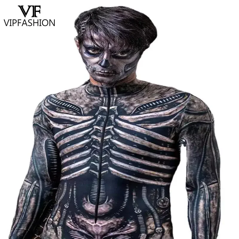 VIP FASHION Men Skeleton Costume Purim Halloween Party Jumpsuit Adult Zentai Bodysuit Long Sleeve Carnival Performance Outfit