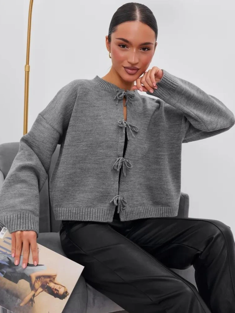 トッシーニットレースアップソリッドカーディガンコート女性通勤ラウンドネックルーズ長袖カジュアルセーター女性ニットウェアカーディガンコート