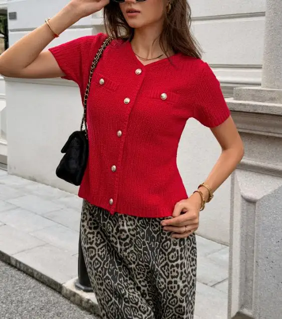 

Новый летний однотонный вязаный свитер с v-образным вырезом в светском стиле для женщин, повседневный простой вязаный свитер, футболка