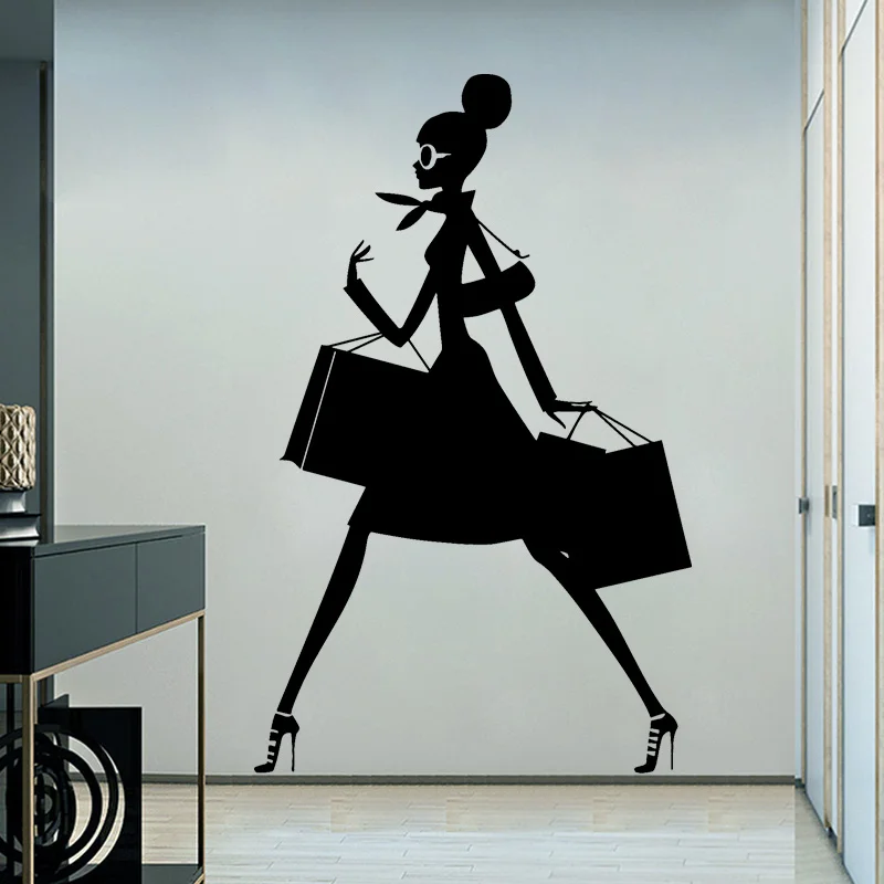 

Shopping Girl Vinyl Wall Decal Fashion Silhouette Woman With Shopping Bag Vinyl Sticker Shop Window Stickers Mural FS29