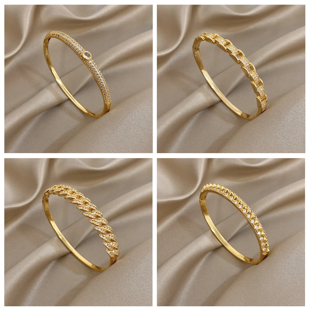 Greatera جودة عالية حجر الراين مربع سلسلة الربط النحاس سوار المد متعدد نمط اختيار مطلي الذهب تصميم الكفة الإسورة