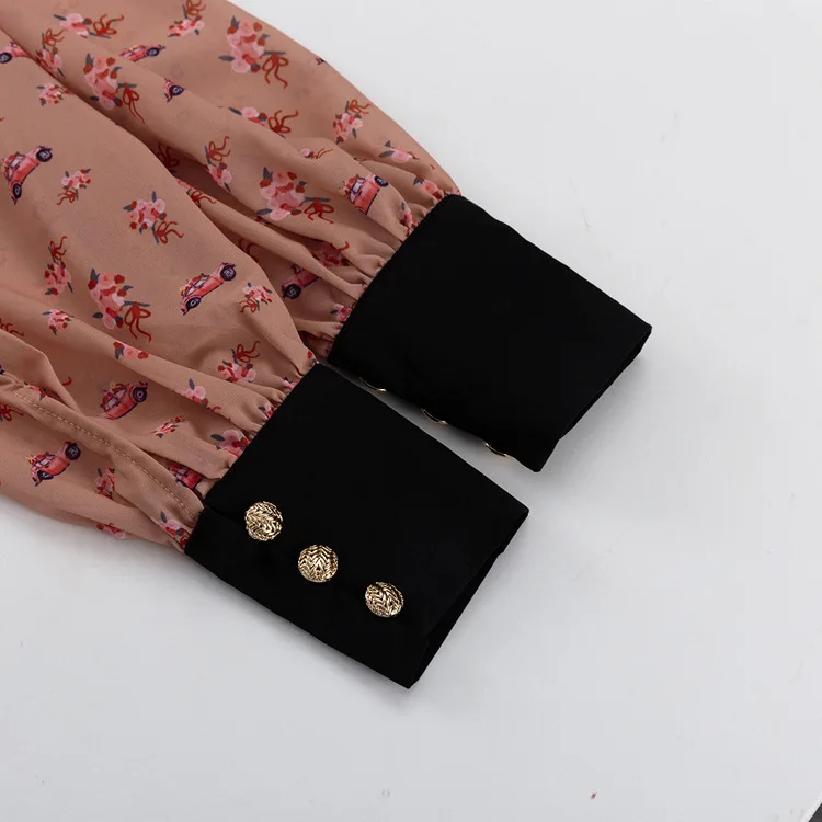 جديد المتناقضة اللون الطباعة فستان فرنسي المرأة مطوي التلبيب الياقة كم طويل مزاجه عالية الخصر تنورة كلمة #6