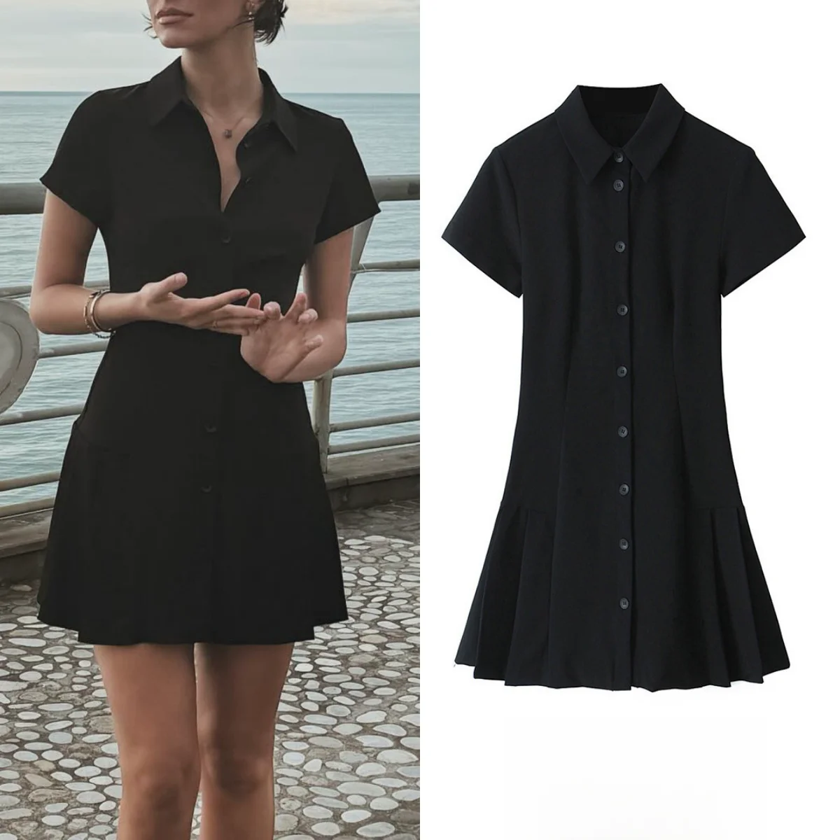  Women's Vintage Fashion Black Short Sleeve Shirt Dress Solid Color Mini Dress Fashion Office Ladies Ruffle Dress 2024Summer