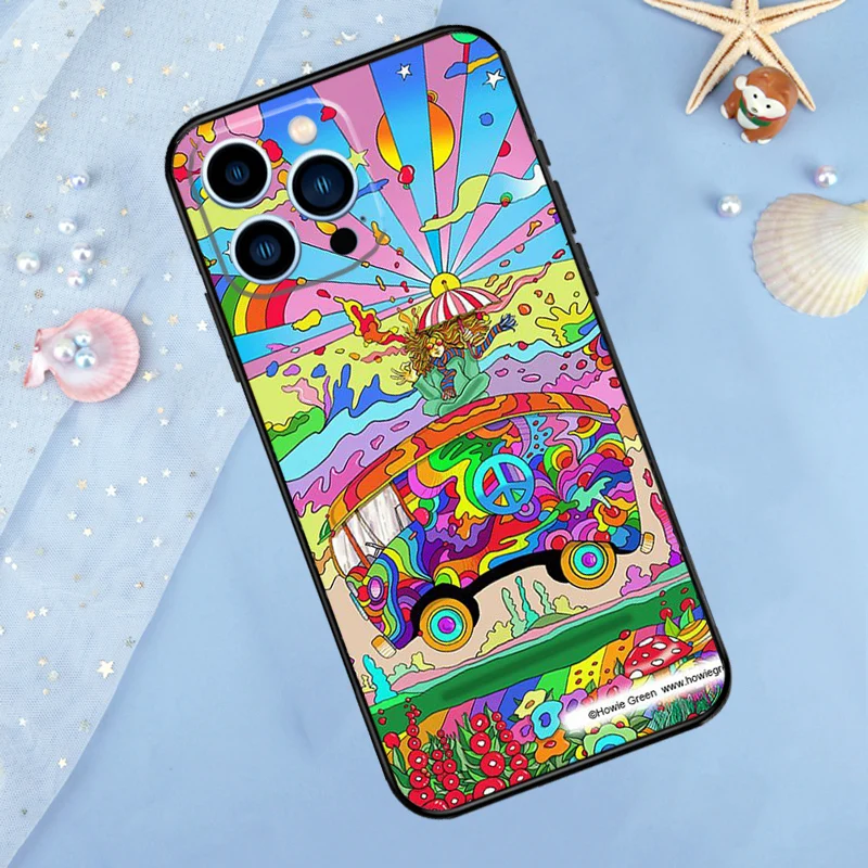 Hippy Peace Bus Cat Phone Case For iPhone 13 11 12 14 15 16 Pro Max 7 8 Plus XR XS Max X Silicone Cover