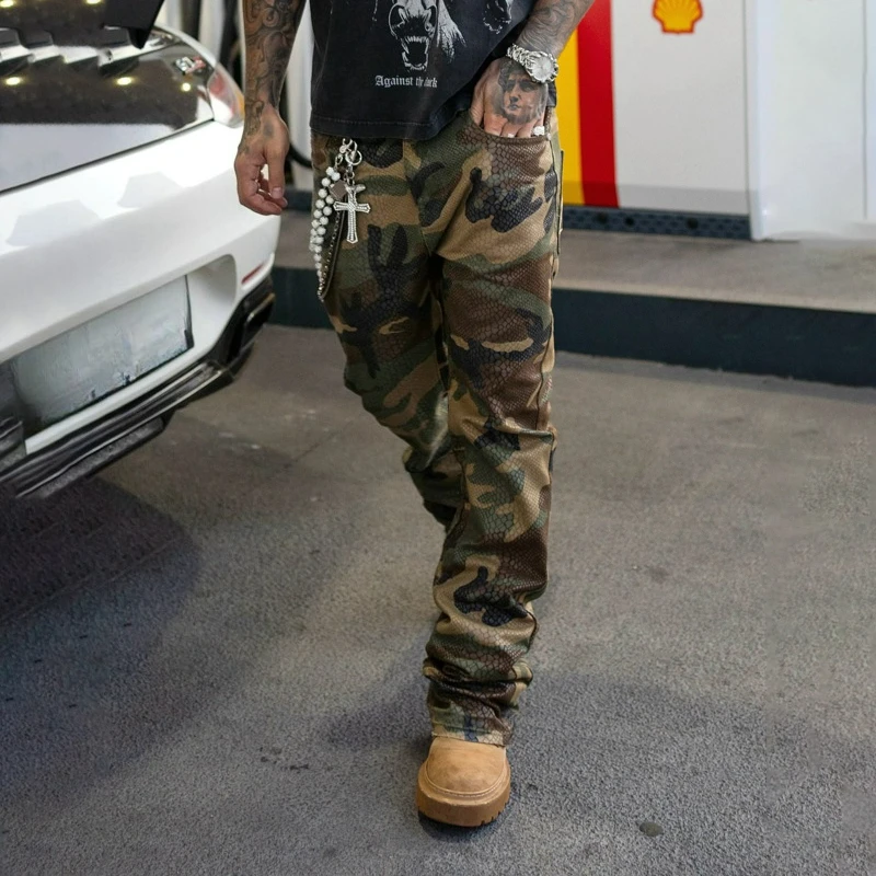 Y2k Python Camo Baggy Flared Jeans Men Retro Glossy Coating Snake Print Jeans American Hip Hop Streetwear Unisex Wide Leg Pants