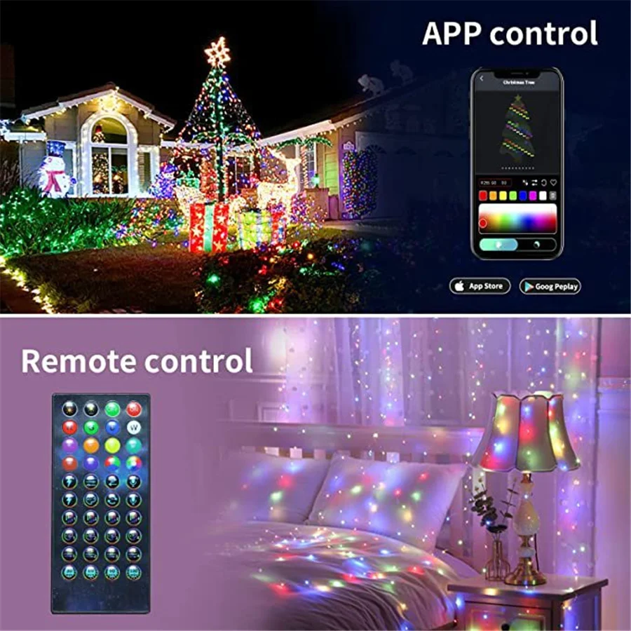 Atualizado Smart BT Fairy Lights para árvore de Natal, luzes de corda para festa e decoração de ano novo, controle remoto USB, BT, 20m, 200LEDs