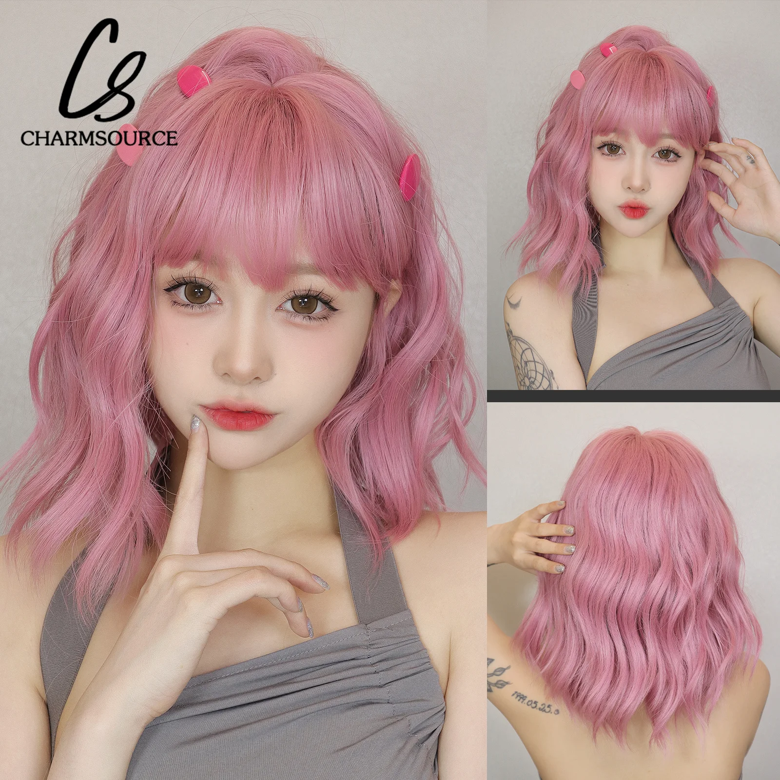 CharmSource Pink BOBO Wigs Short Natural Wave Hair Synthetic Wig For Women Party Daily High Density Heat Resistant