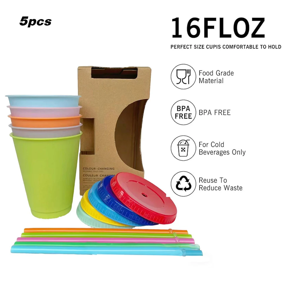 16 oz color changing cups, 5 colors plastic cups reusable with lid and straw, iced coffee cups, party cups, set of 5