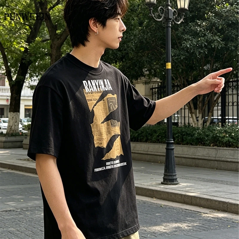Men's Vintage Newspaper Print T Shirt Harajuku Hip Hop Cotton Tee Summer Casual Gothic Aesthetic Loose Short Sleeve Top Unisex