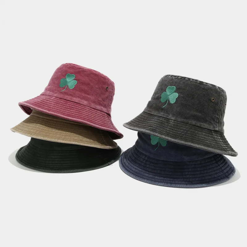 Vintage Washed Cotton Bucket Hat with Green Clover Embroidery, Casual Sun Cap for St. Patrick's Day
