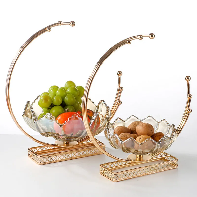 Luxury Glass Fruit Bowls Lotus Flower Shaped Candy Tray Fruit Plates with Metal Base Fruit Basket for Table Dinning Room